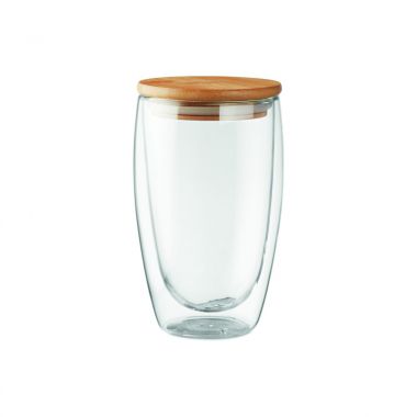Transparante Drinkglas dubbelwandig | Bamboe deksel | 450 ml