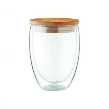 Transparante Drinkglas dubbelwandig | Bamboe deksel | 350 ml